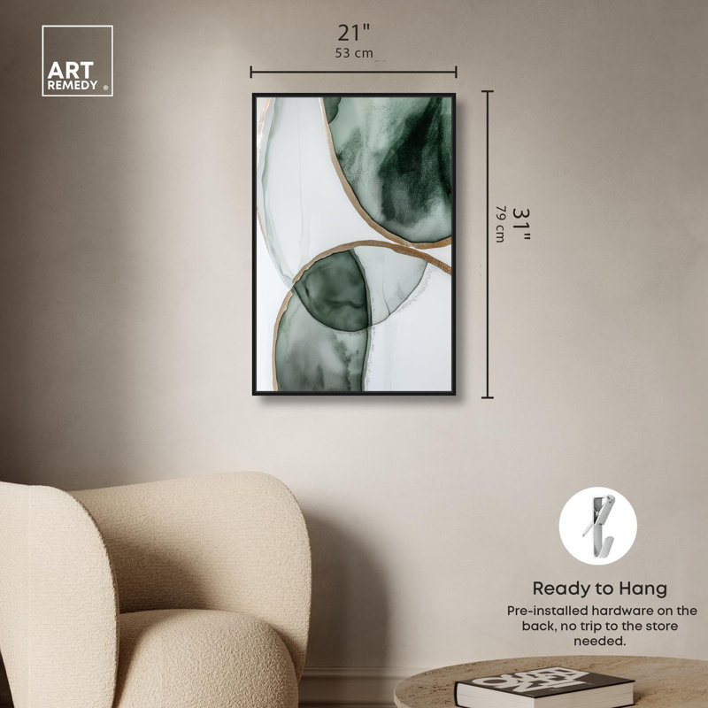 «Moss and Mist», art abstrait vert par Art Remedy, Cadre noir, H 31 po x l 21 po x P 1,2 po