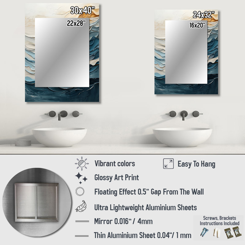 Vague en marbre blanc et bleu I - vagues, miroir mural blanc, impression d'art en métal, 40 po x 30 po