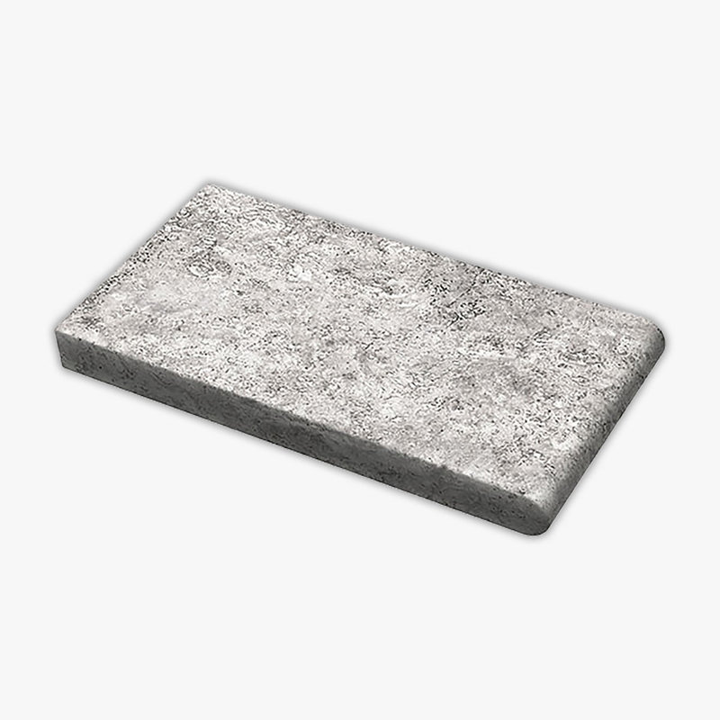 Silver Tumbled 6x12 Travertine Thick Bullnose Coping, Gray