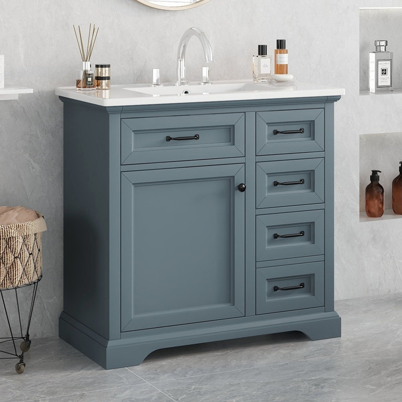 Meuble-lavabo 36 po avec lavabo en céramique, 2 tiroirs basculants, charnières de porte à fermeture en douceur, Bleu gris
