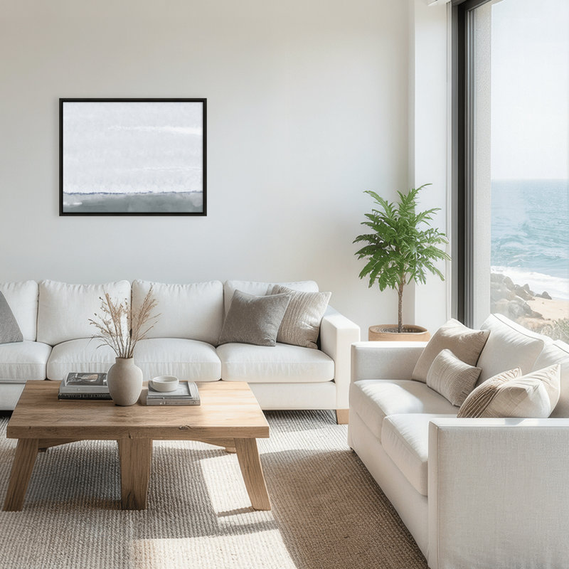 Coastal Retreat Silver Seas: Abstract Oceanscape, 24" H x 30" W x 2.375" D, Framed Canvas, Black