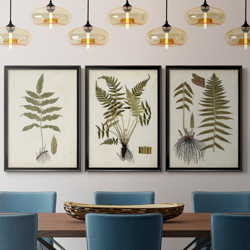 Fern Botanical III - Toile tendue avec châssis sur mesure - 3 pièces, H 30 po x l 63 po, Noir, noir, noir, noir