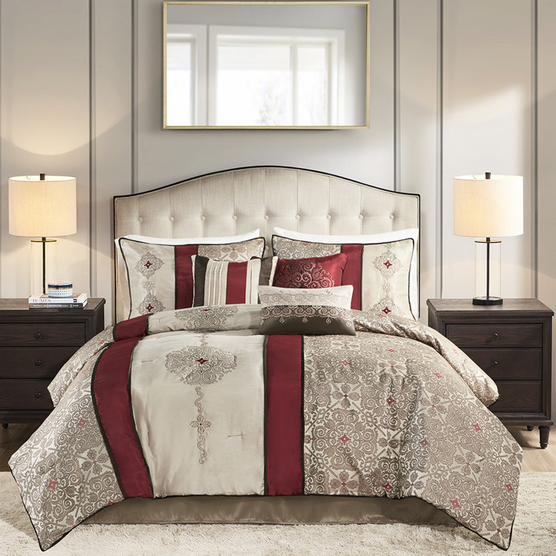 Literie pour très grand lit - édredon rouge 7 pièces avec broderie et taies décoratives, Rouge