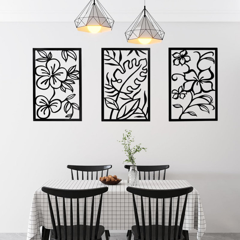 Three Piece Wall Decor With Floral Hollow Out Abstract Design, Black Rectangular Metal Frame, Crafted, 3D Visual Effect Cutting, 0.08 Inch Thickness, Pre - Fitted Holes For Easy Hanging, Ideal Home