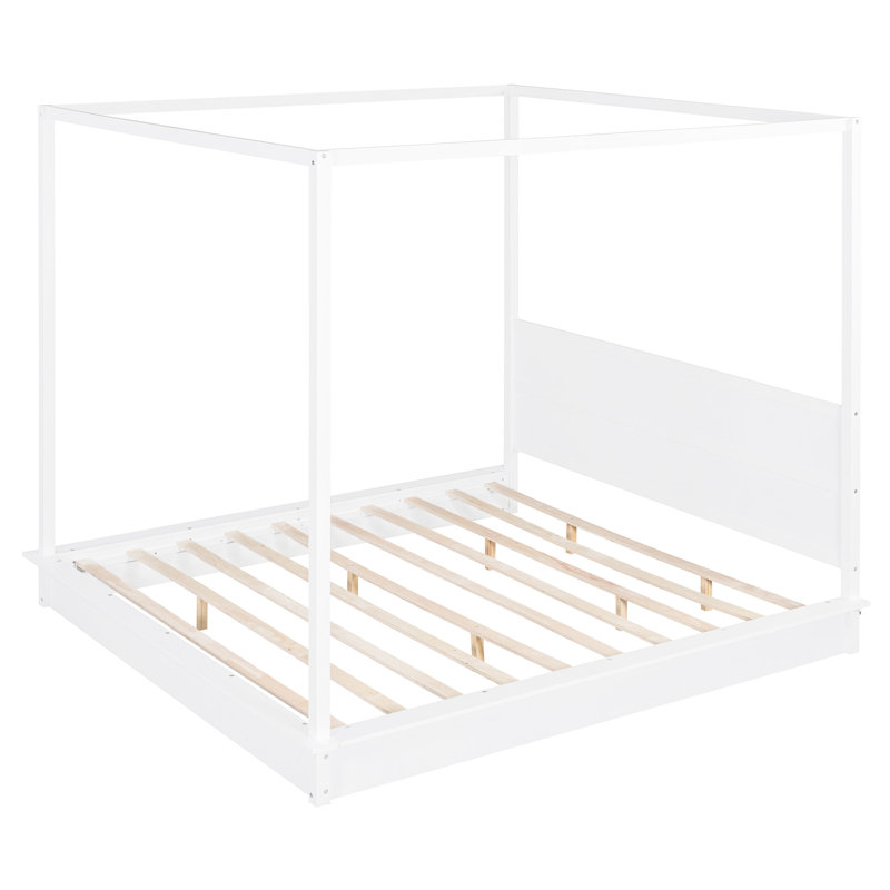Très grand lit, blanc, lit à baldaquin, DEL, extérieur élégant, auvent élégant pour lit plateforme, lignes épurées, attrait intemporel