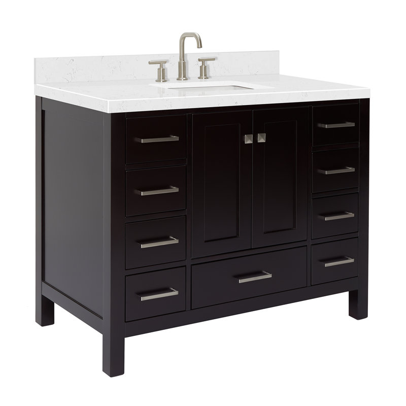  Meuble-lavabo simple 42,25 po avec comptoir en quartz, Espresso / nickel brossé, Rectangular