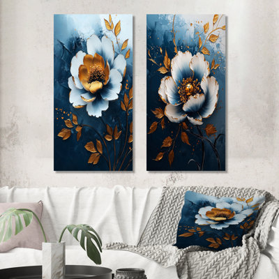 Or et sarcelle pivoine Bloom I - ensemble d'art mural pivoines 2 pièces