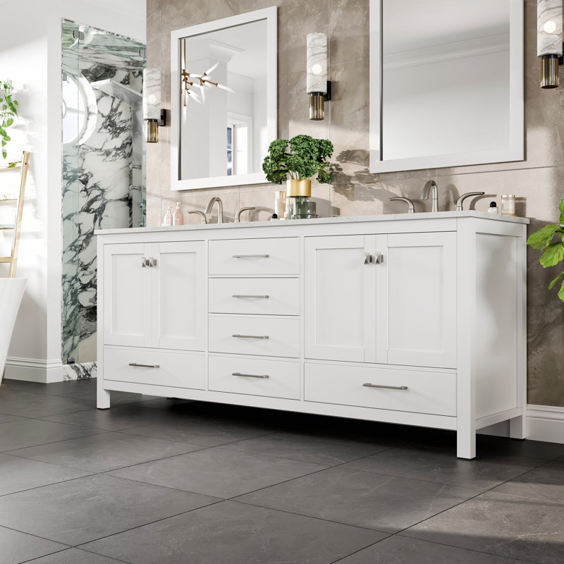 Minnich 78"W x 22"D Double Sink Bathroom Vanity with Undermount Porcelain Sink, Espresso, Marble - White Carrara