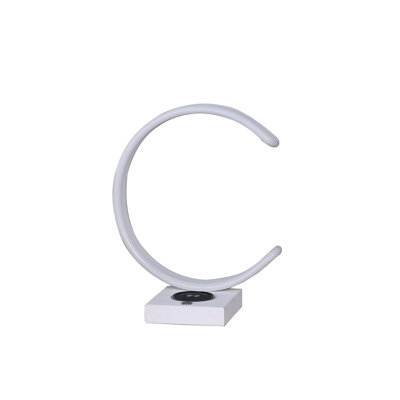Lampe de table à DEL en forme de C 13,5 po avec station de charge sans fil et port USB, lampe de bureau moderne à intensité variable pour le salon de la chambre à coucher, métal blanc