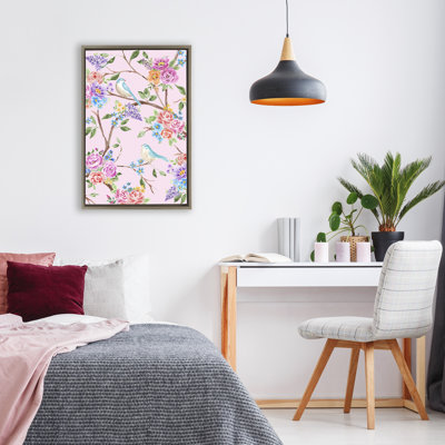 Cadre flottant rose et bleu avec fleurs printanières, design par Corinne Haig