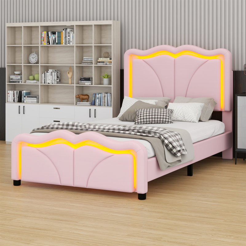 Lit plateforme tapissier avec tête de lit courbée et bandes lumineuses à DEL, Simple, Rose