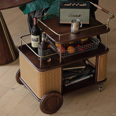 26.38" Vintage Brown Rubberwood Rattan Serving Cart with Metal Frame and Mixed‑size Casters