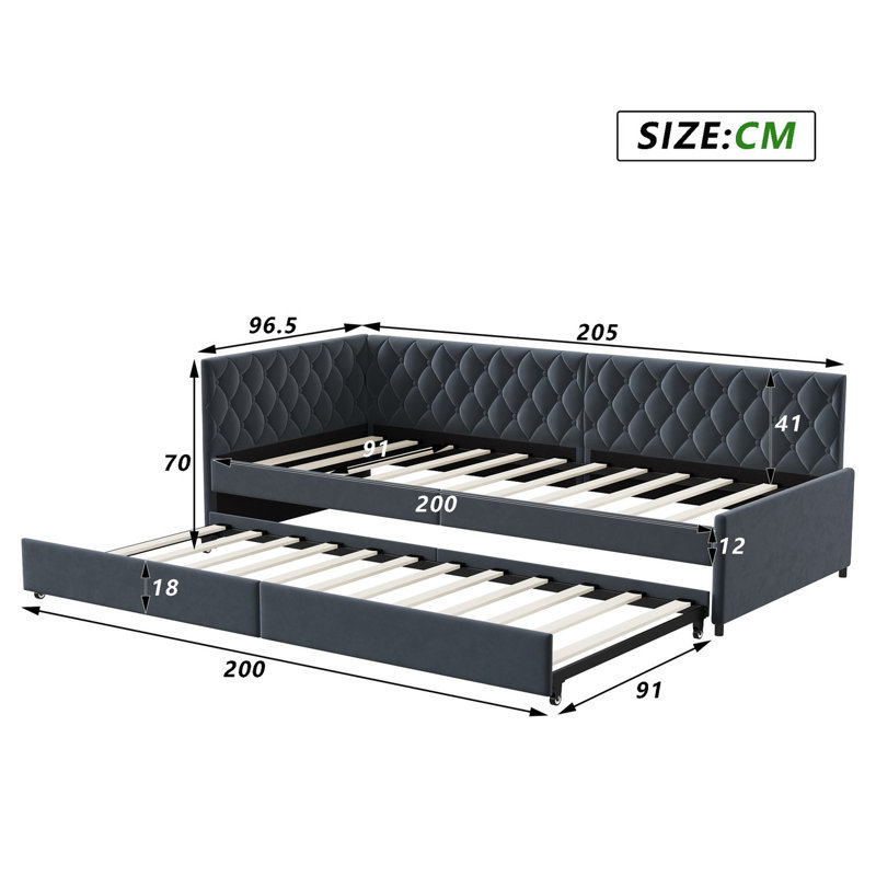 90x200cm Upholstered Daybed, Sofa Bed with Pull out Trundle, Grey