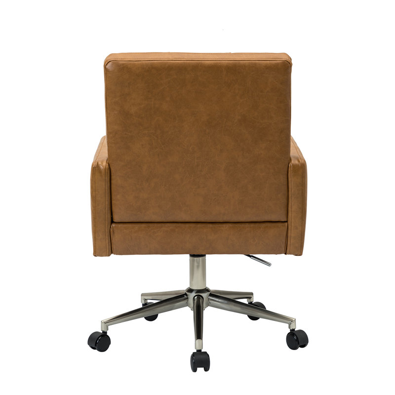Auric Mid-Century Modern 23" W Leather Height-Adjustable Swivel Office Chair with Button Design, Camel