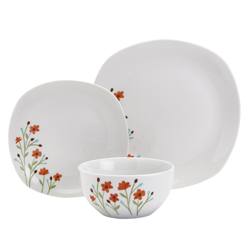 Caroline White Floral Porcelain Square Dinnerware Set, Service for 4