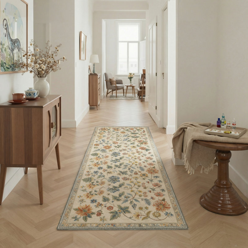 Acker Verdant Vintage Floral Machine Washable Beige / Green / Orange Indoor Area Rug with Non-Slip Backing, Runner 2' x 7'
