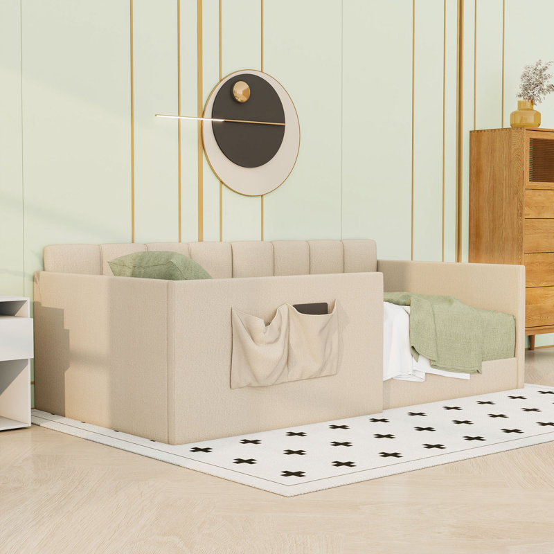 Lit de jour rembourré avec garde-corps hauts et poches de rangement, Lit simple, Beige