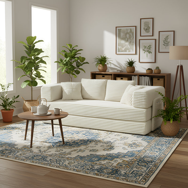 Boneless 79.5" Convertible Sleeper Sofa Corduroy Upholstered Sofa Bed Foldable Floor Couch Daybed with Wide Armrests & Storage Pockets - No Assembly
