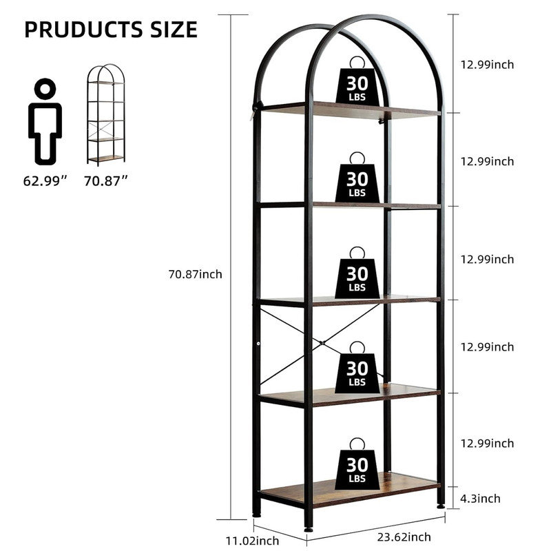 60cm W Metal Standard Bookcase, (5 Shelves) 180cm H x 60cm W x 30cm D, Brown