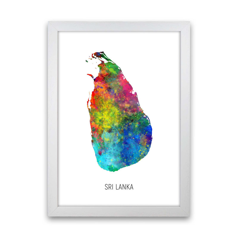 Sri Lanka Watercolour Map by Michael Tompsett - Print, 63cm H x 46cm W x 3cm D, White Framed
