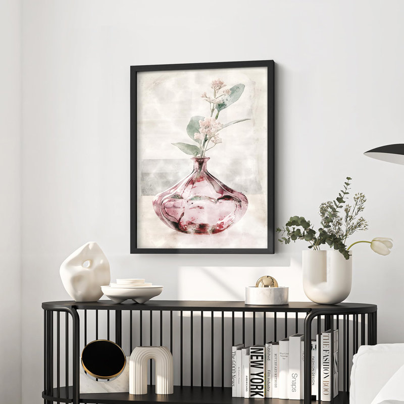 Aquarelle de fleurs dans un vase en verre rose, Noir, H 14 po x l 11 po
