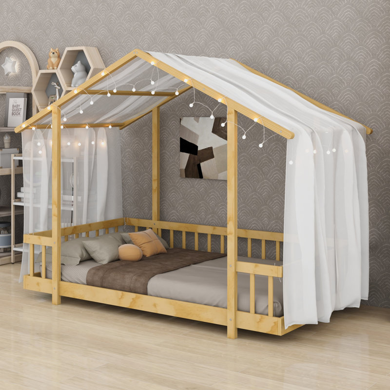 Lit plateforme avec cadre en forme de maison, baldaquin vaporeux et guirlandes lumineuses pour enfants, Lit simple, Natural