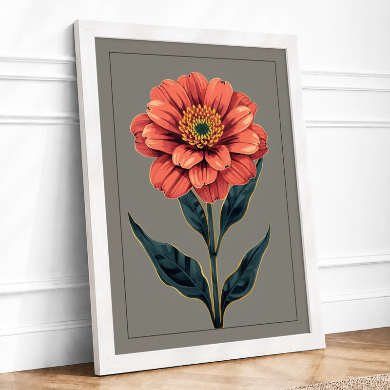 Coral Zinnia Study Botanical - Framed Print, A1 - 84.1 x 59.4 cm, White