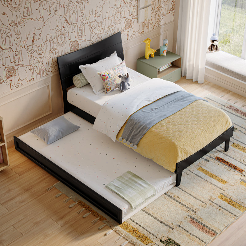 Phoenix Wood Platform Bed with Trundle, Twin, Black