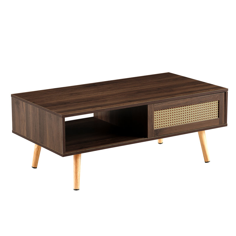 Walnut Color Pe Coffee Table With Sliding Door For Storage, Solid Wood Legs, Modern Aesthetic, 41.41"L X 21.38"W 16.02H, 220Lbs Load - Bearing, Simple Assembly Table, Color, Structure, Capacity,