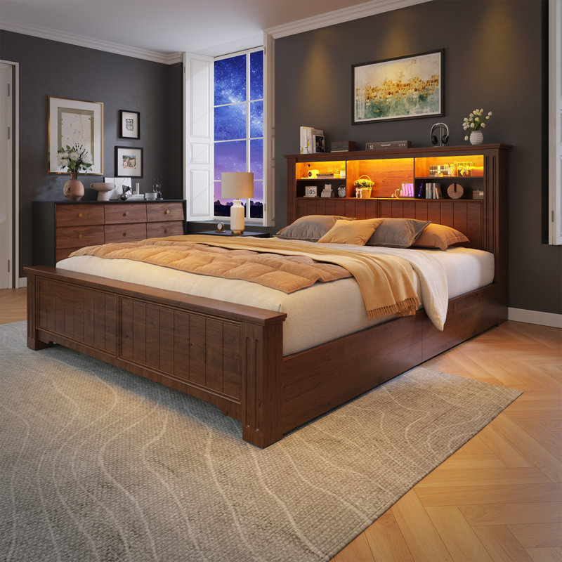 Farmhouse Storage Bed Frame With Headboard & Led Light & Usb, 4 Drawers Under Bed, Built In Charging Station, No Noise, No Box Spring Needed