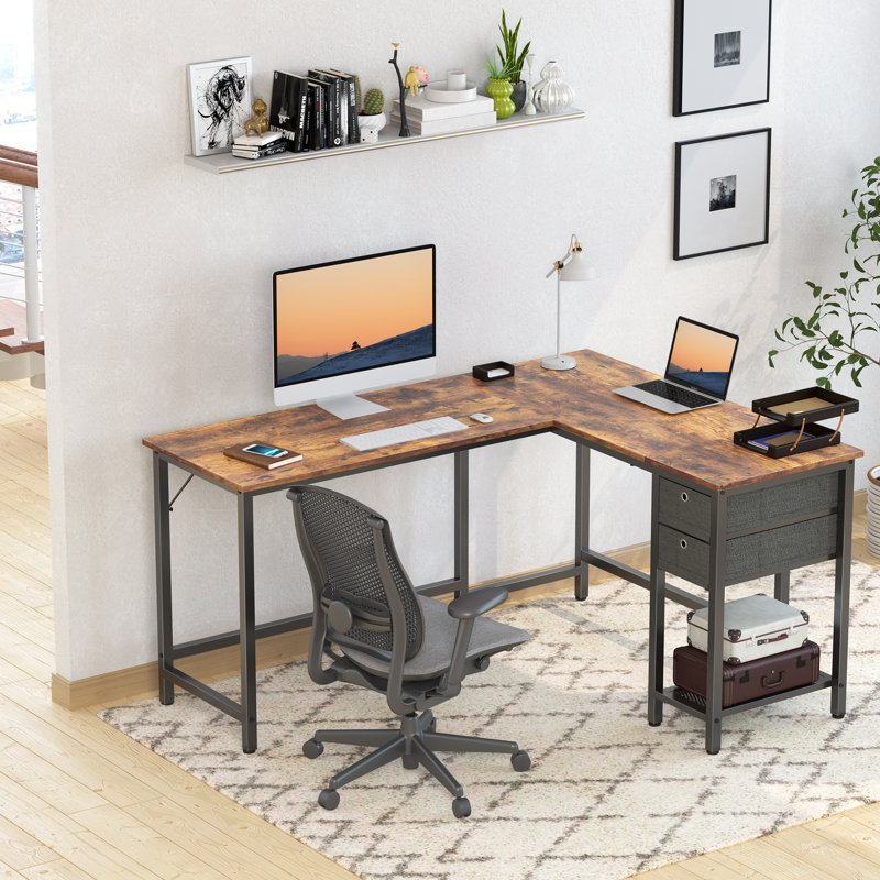 L-Shaped Metal Base Computer Desk, Light Brown