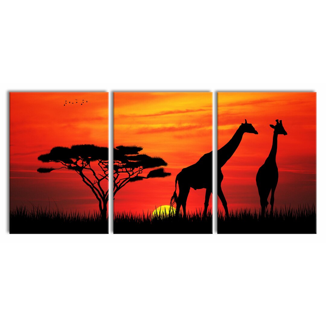 3-tlg. Leinwandbilder-Set Afrika Giraffen im Sonnenuntergang in Rot