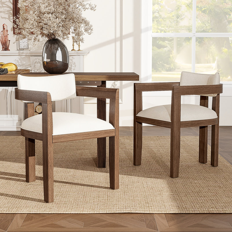 52cm H Linen Upholstered Wing Back Armchair in Beige, Brown Wood