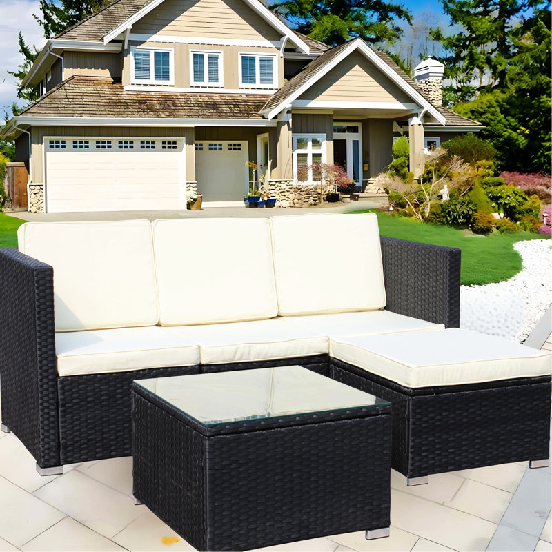 Élégant siège d'extérieur: PE, coussins beiges, table de mobilier de patio 5, zone de confort: café