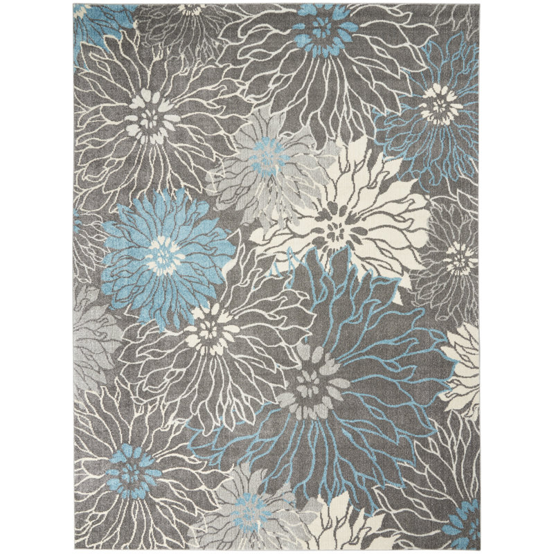 Tapis floral bleu / jaune en polypropylène tissé à la machine, Rectangle 9 pi x 12 pi