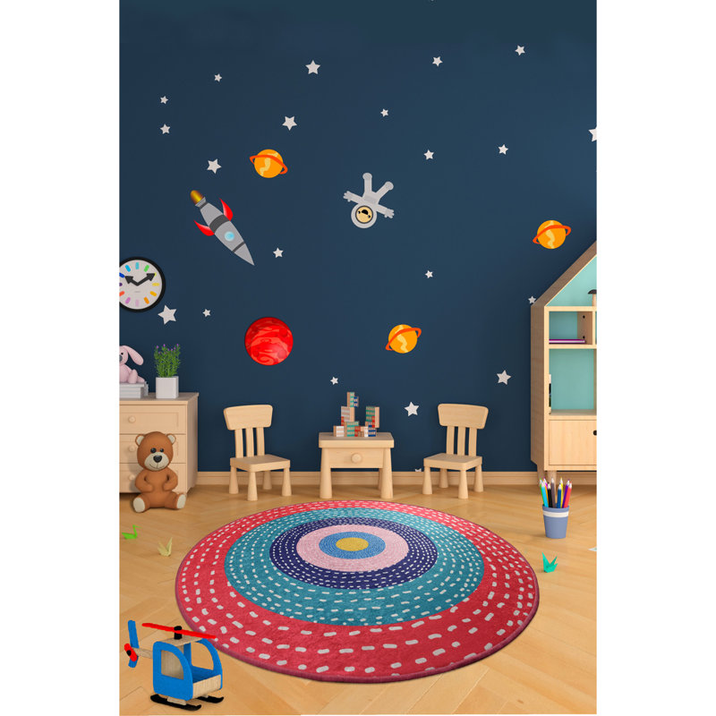 Tapis rond rouge / bleu / rose en velours touffeté à la machine Arnot, Rond 4 pi 7 po