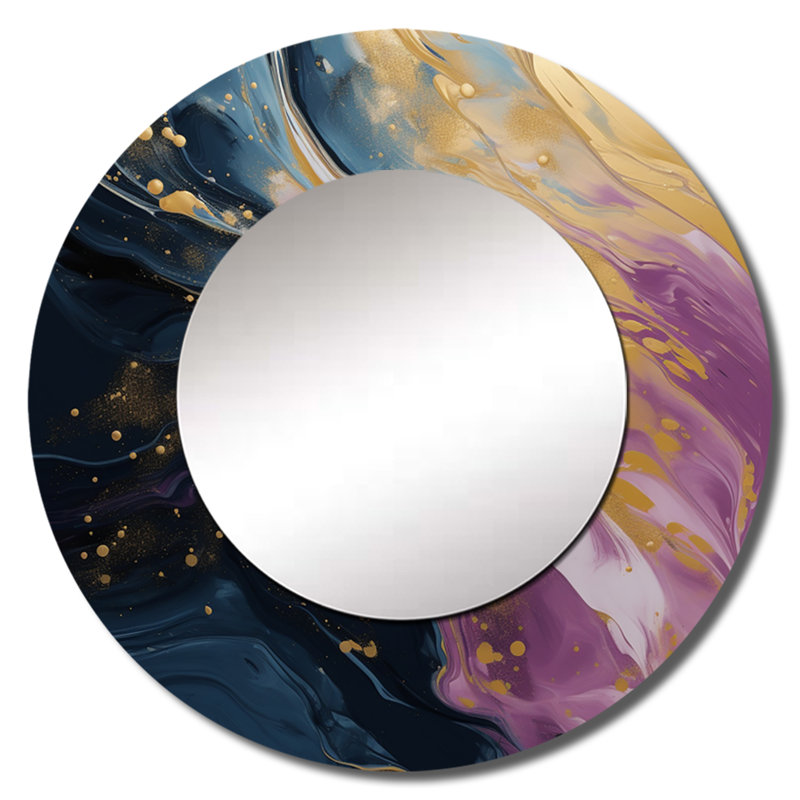 Stevin, mouvements mauves et bleus dans la peinture I - miroir décoratif de peinture abstraite, miroir mural rond mauve, impression d'art en métal