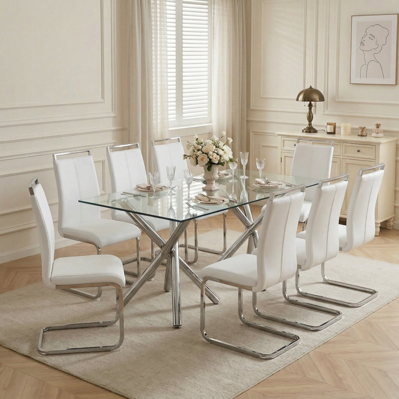 Modern 2 and 8 Piece Faux Leather Dining Chairs with Gold and Silver Base, Silver, White, 8
