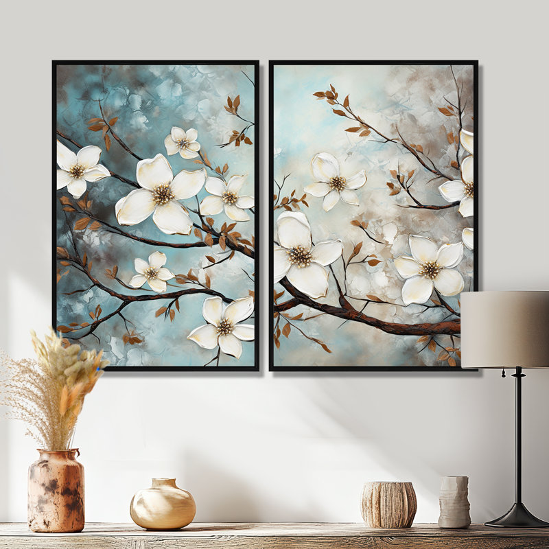 Dogwood Beauties - Art mural traditionnel, 36" H x 48" W, Impression encadrée flottante, Black