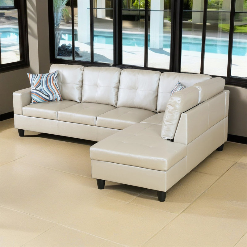 Bawan Faux Leather L-Shaped Sectional, Right Hand Facing, Ivory Faux Leather