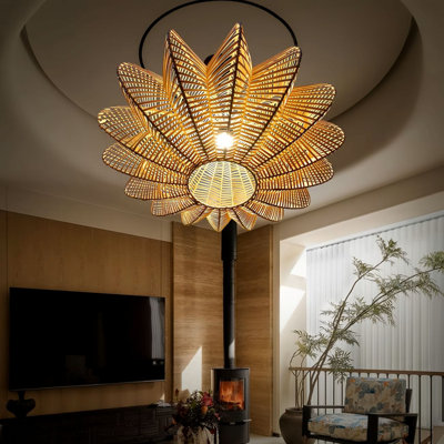 Luxury Large Handmade White Rattan Woven Flower-Shaped Lampshade - Lampshade Only, No Light Fixture Included