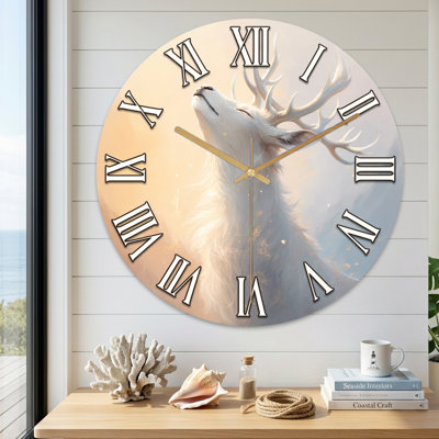 Animal Majestic White Stag With Golden Antlers Clock Face Ultra Clear Glass Wall Clock