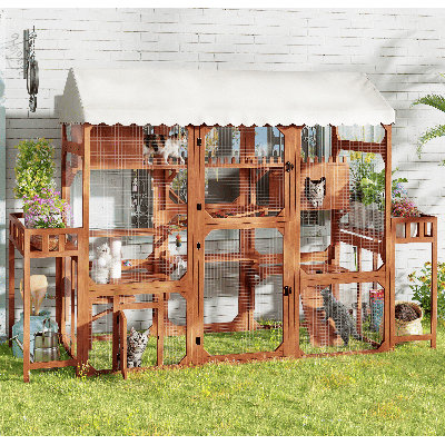 Large Outdoor Cat Enclosure Wooden Catio With 2 Plant Stands, Multi-Level Cat Playpen With Weather-Resistant Roof, Resting Box, Climbing Ramps & Wire Mesh For Backyard Patio, Brown