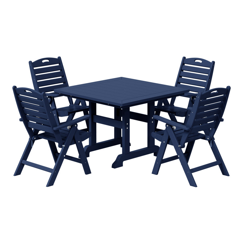 Laguna 5-Piece Square Table Folding Highback Chair Dining Set, Navy Blue