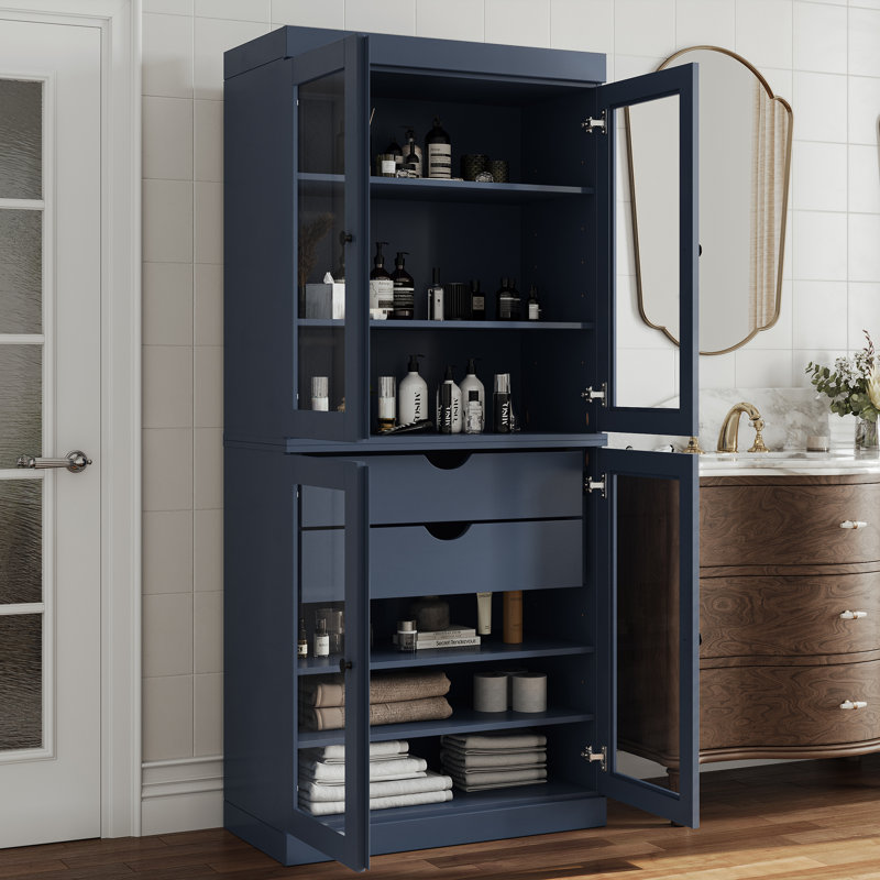 32" W x 71.5" H 100% Solid Wood Freestanding Bathroom Storage Cabinet with Clear Glass Doors, 2 Drawers & Adjustable Shelves – Modern Bathroom Organizer