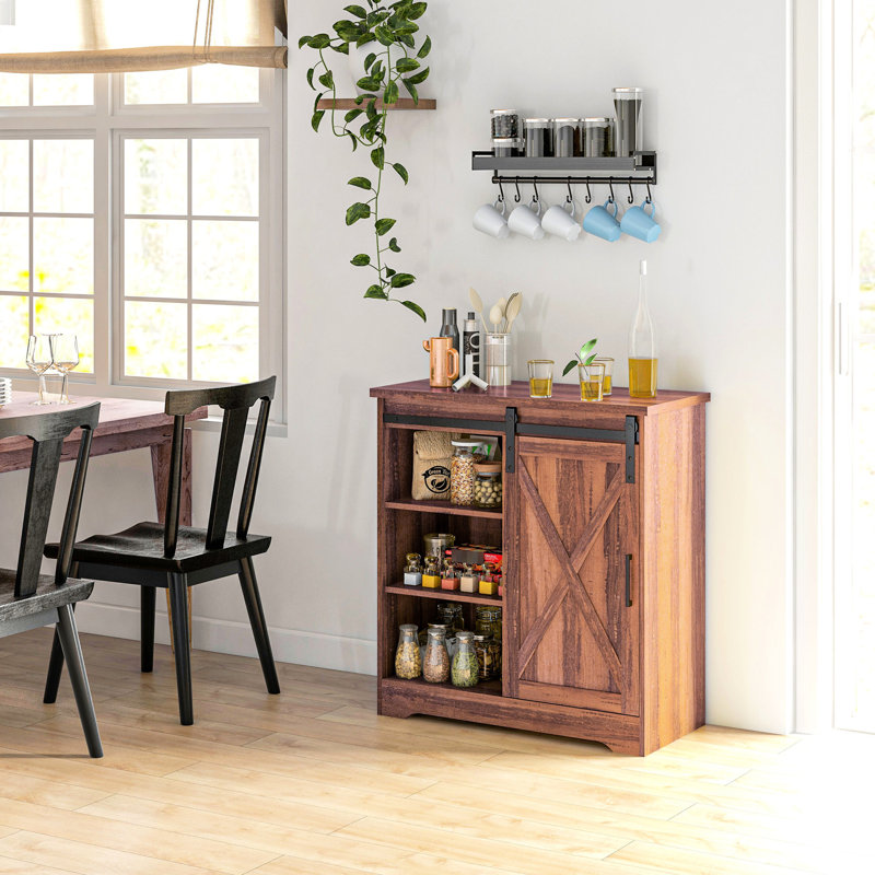 Buffet de bar brun, buffet de 33 po avec porte coulissante et tablettes réglables, porte de grange, fonction tablette