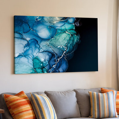 Toile, création d'une œuvre d'art numérique abstraite représentant un paysage cosmique tourbillonnant, caractérisée par des textures riches et un art mural sur toile éclatant