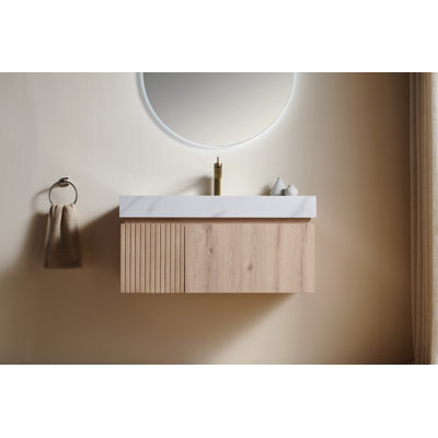 Meuble-lavabo mural avec comptoir en pierre frittée et vasque en céramique encastrée Muri