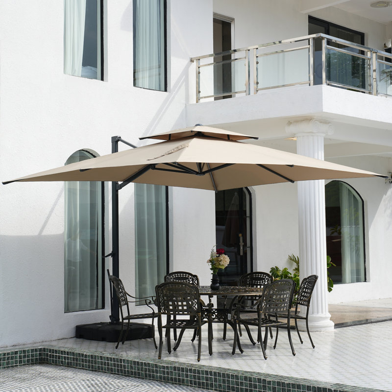 Parasol en porte-à-faux de patio en aluminium 10 pi avec bandes lumineuses amovibles et base, Taupe