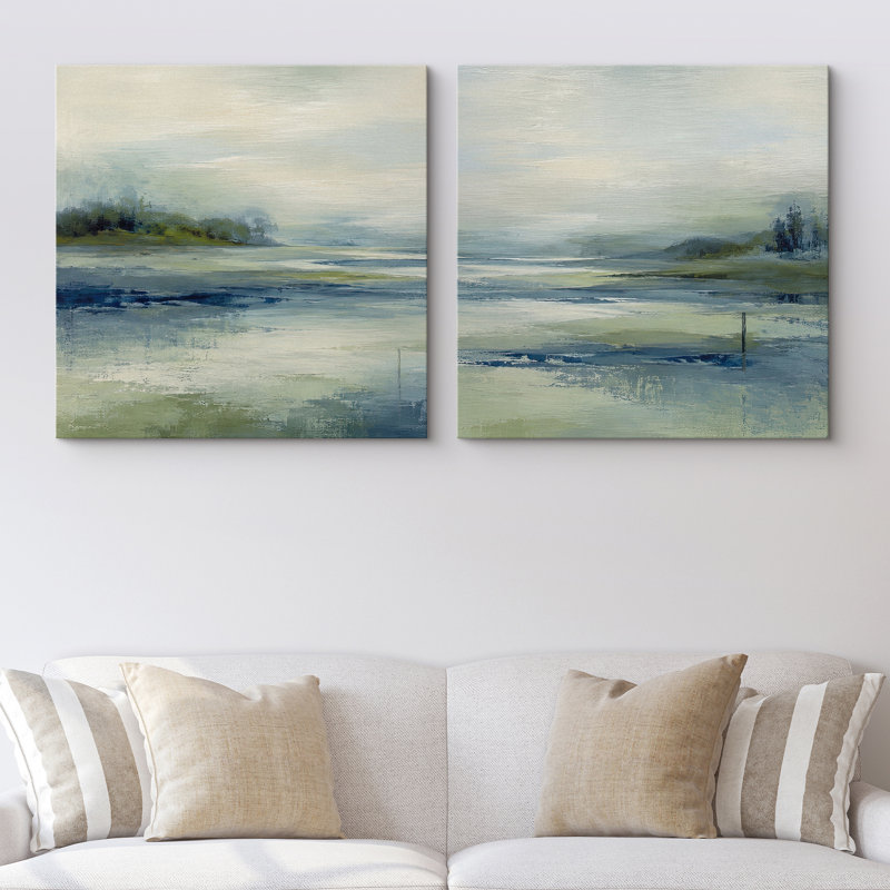 «Soft Blue Marsh Landscape with Calm Water Nature Decor», reproduction d'art sur toile encadrée, ensemble de 2 pièces